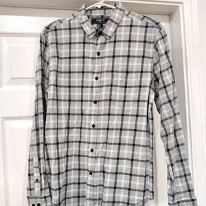 Grey White Black Plaid Striped Flannel Button Down Shirt